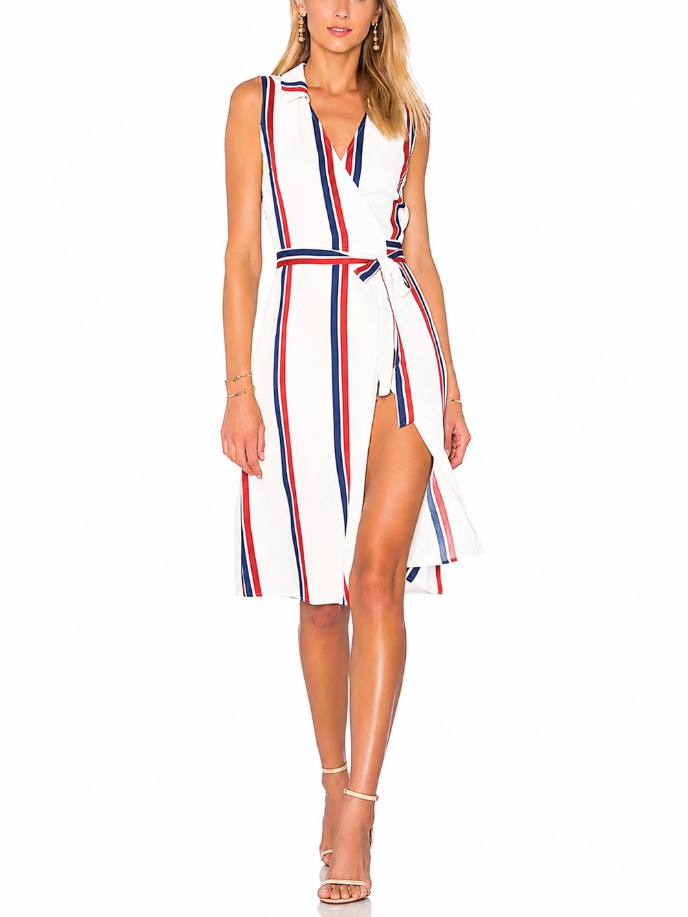 L’Academie Los Angeles Wrap Midi Dress Sz S Red White Blue Stripe Patriotic NWOT
